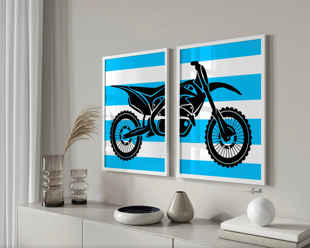 Motocross home decor children, dirt bike toddler art prints, motocross themed room ideas, personalized kid's name, blue black sport bike art
