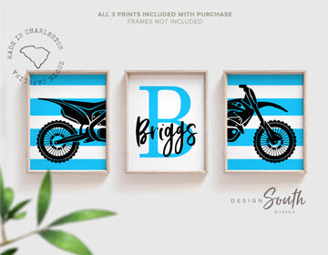 Motocross home decor children, dirt bike toddler art prints, motocross themed room ideas, personalized kid's name, blue black sport bike art