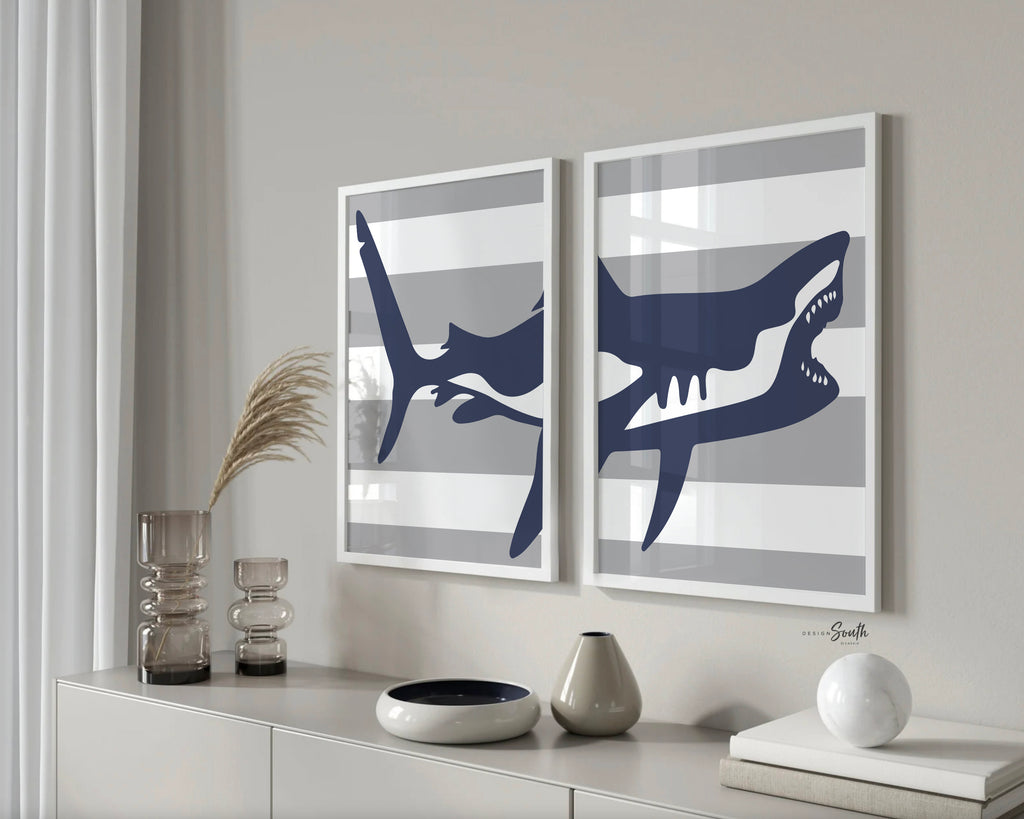 Shark bathroom decor, boys shark bathroom, boys bathroom wall art idea, shark gift for boy, shark theme bathroom, wash brush floss navy gray