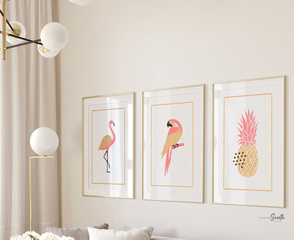 Coral flamingo girl art, flamingo gift for girl, tropical nursery theme decor, coral gold nursery art, flamingo pineapple art print set of 3