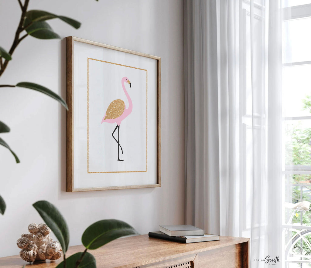 Pink flamingo girl art, flamingo gift for girl, tropical nursery theme decor, pink gold nursery art, flamingo pineapple art print set of 3