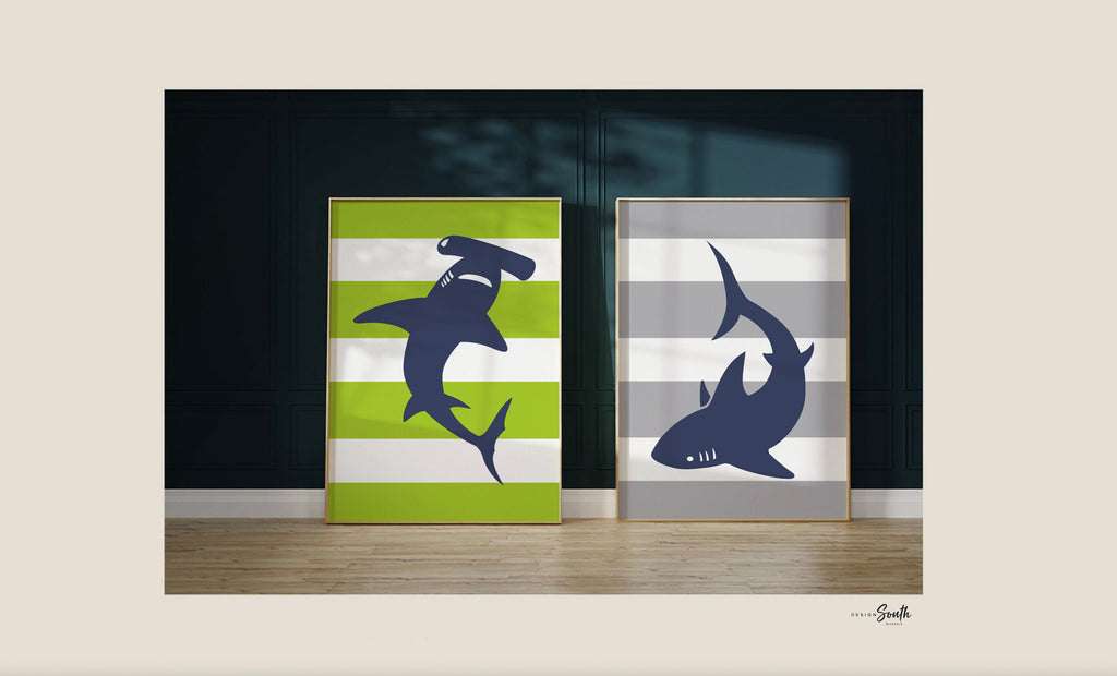 Boys nursery decor, shark nursery decor, lime gray and navy blue nursery wall art, shark theme nursery art, shark decor, shark art, abc 123