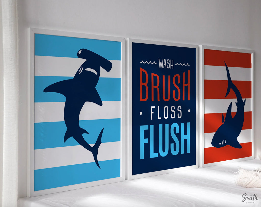 Little boy bathroom decor, red and blue sharks, wash brush floss flush, boy bathroom sign, bathroom print, shark bathroom theme boy red blue