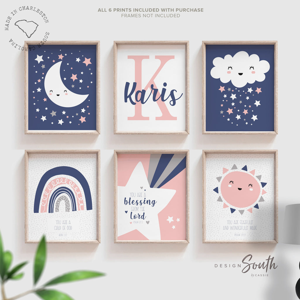 Girls religious nursery, pink navy nursery christian, moon and stars bible verse nursery, scriptures girl room wall decor, Psalm scriptures