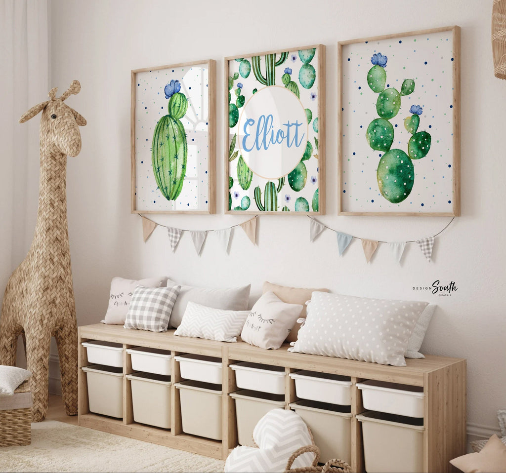 Cactus nursery succulents, personalized wall art, blue floral baby name gift, watercolor desert cactus, cactus blooms, nursery ideas blue