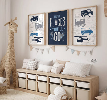 Transportation boys room wall art cars trains helicopter, navy blue and gray cars, boy bedroom decor, car bedroom boy, car decor boy room