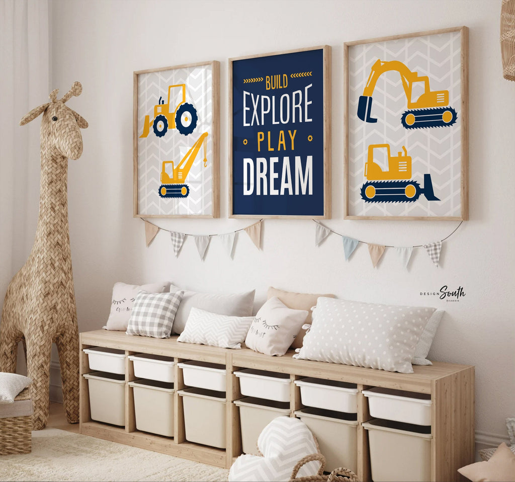 Build explore play dream, big boy bedroom construction, digger prints, digger wall art, boys construction theme bedroom, boys bedroom decor