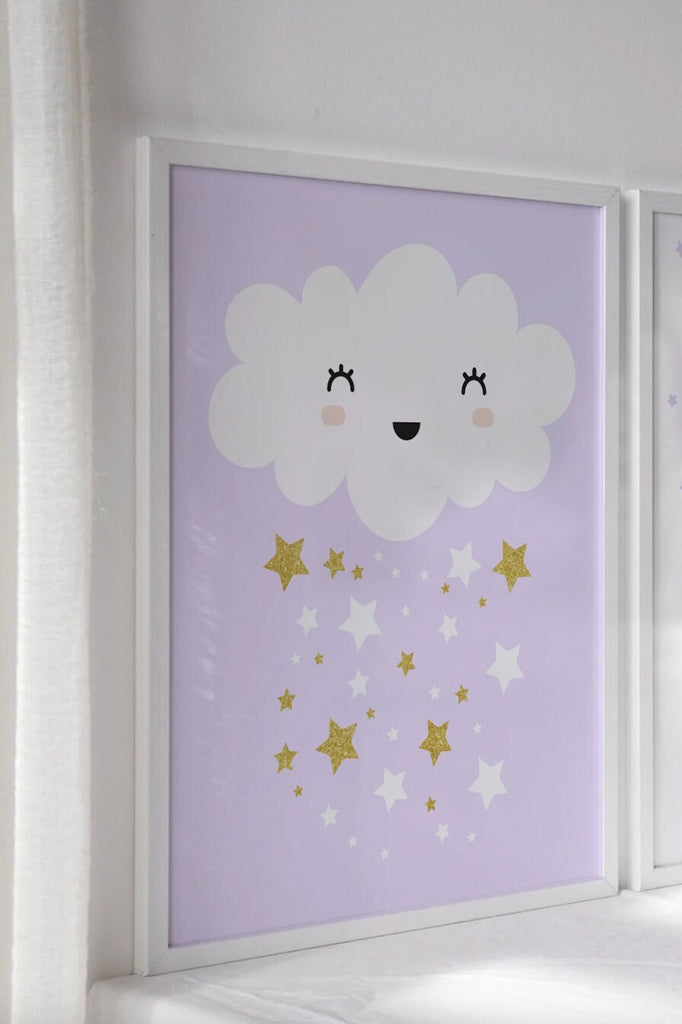 Baby girl nursery pink purple gold, baby shower gift personalized monogram name, girls nursery wall art, girl bedroom star moon cloud decor