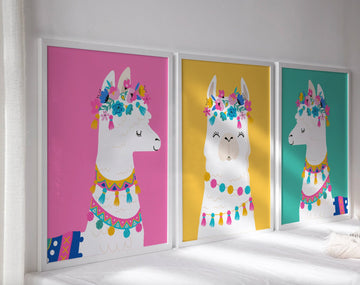 Pink yellow teal girls room decor, llama baby girl theme wall art, colorful pastel room, playroom wall art little girl toddler, pink teal