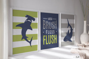 Little boys shark bathroom decor, wash brush floss flush sign, toddler bathroom art, kids bathroom decor, boys green bathroom decor sharks