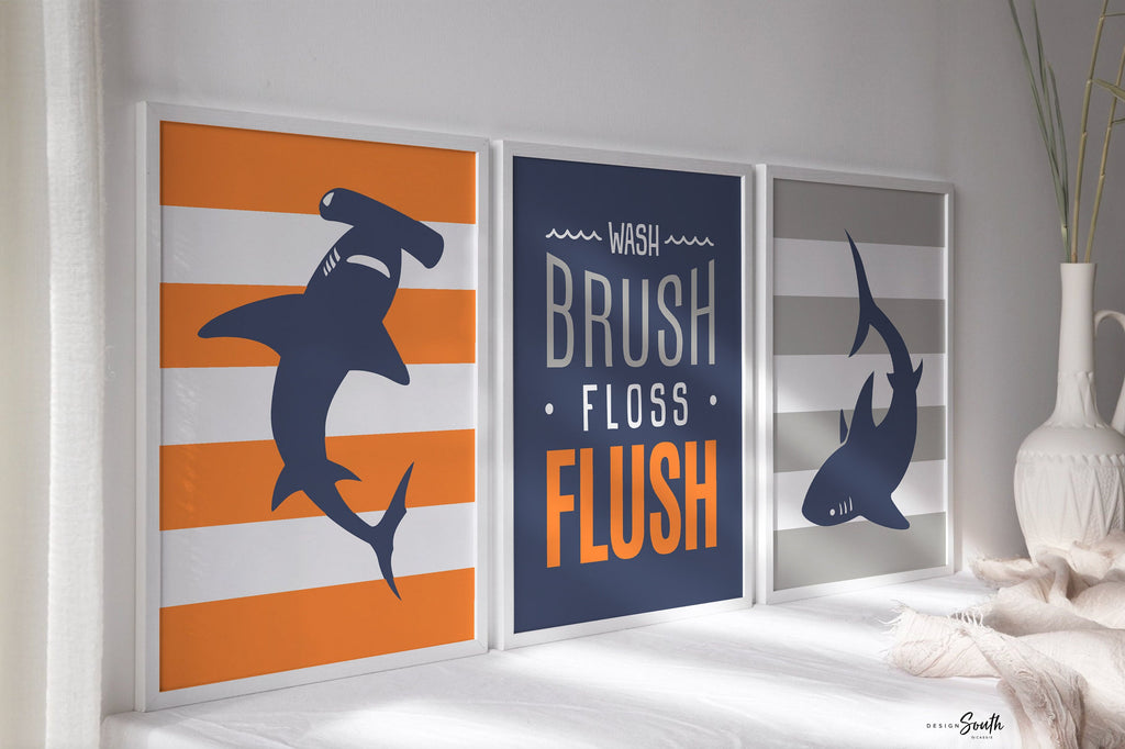 Shark bathroom, wash brush floss flush, boys bathroom prints, orange and navy blue boys shark bathroom decor, sharks orange gray navy blue