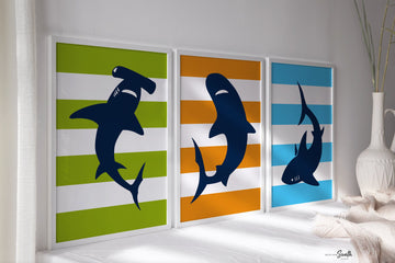 Orange green and blue sharks, boys bedroom shark theme, boys nursery sharks, boys shark playroom, shark decor, shark wall art prints toddler