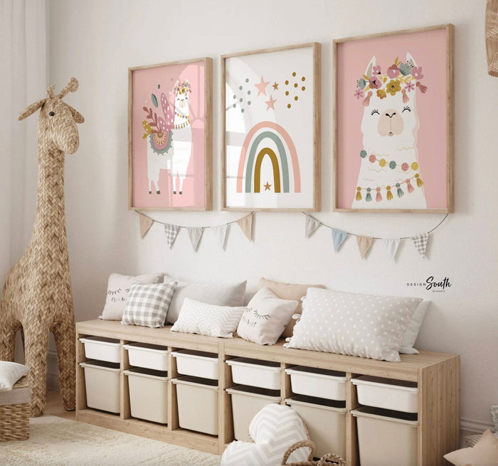 Boho baby room decor, baby girl nursery ideas mauve pink, bohemian style nursery art print set for girl, personalized gift girl boho llama