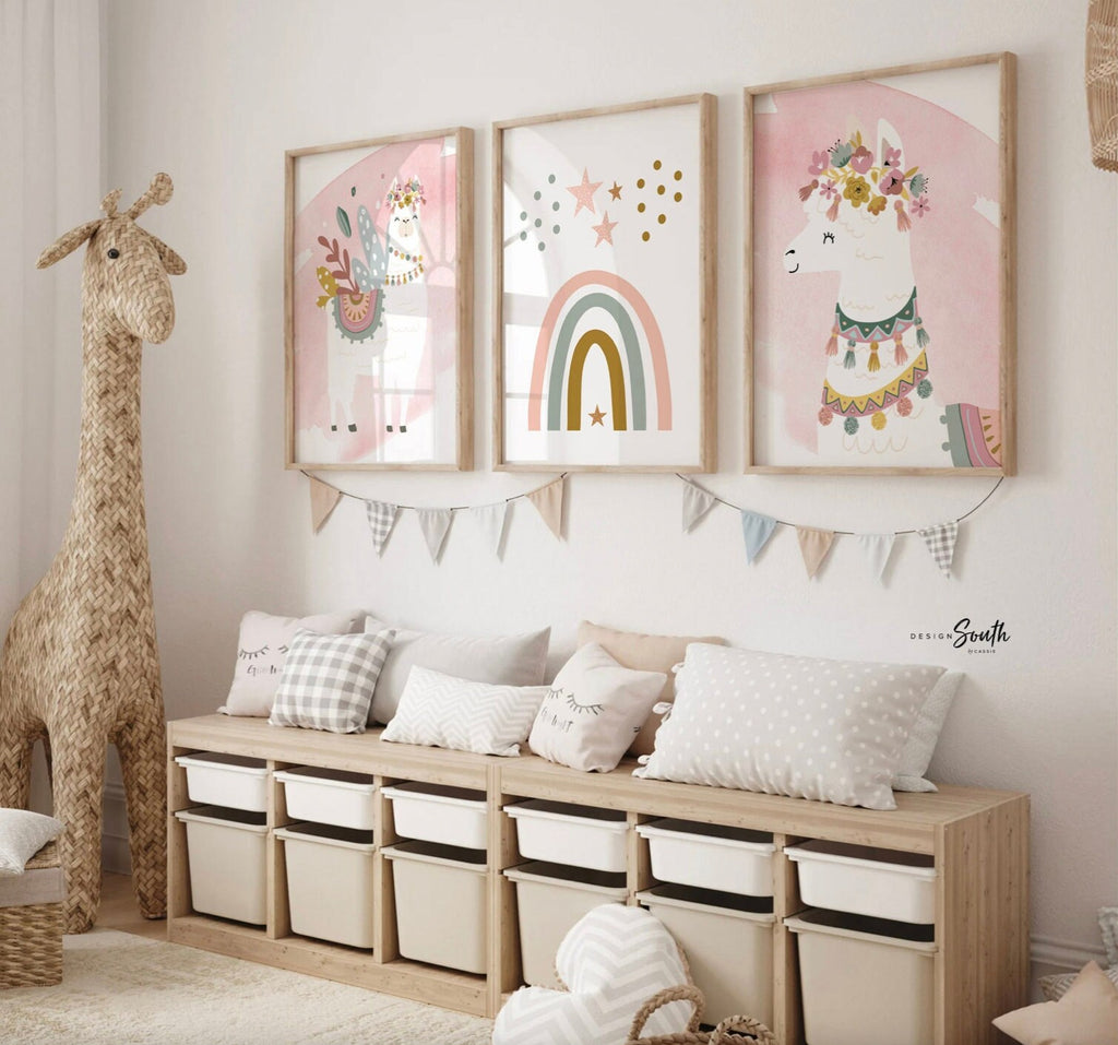 Mauve pink llamas, little girl bedroom art llama themed, baby girl llama art flower crowns, girl boho llamas, boho baby room mauve colors