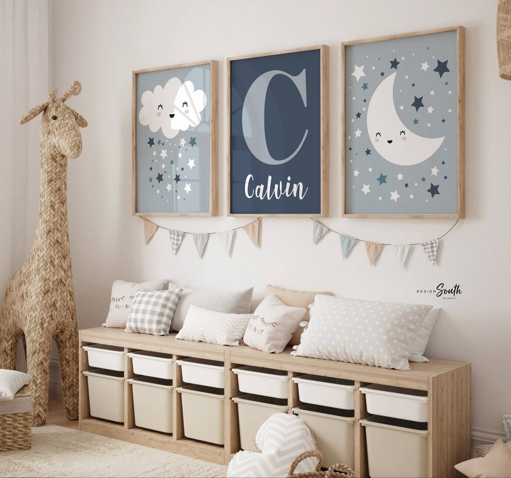 Baby boy nursery wall art, personalized boys name, baby blue and gray, moon & stars, nursery art for boy, idea for nursery, neutral boys art