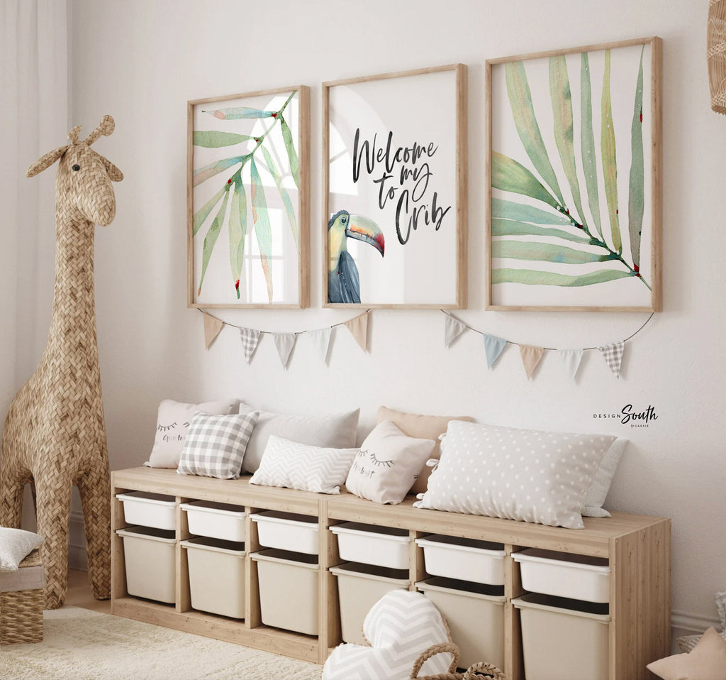 Welcome to my crib sign tropical toucan, modern art print set nursery, modern newborn decor gender neutral, newborn above crib art idea palm