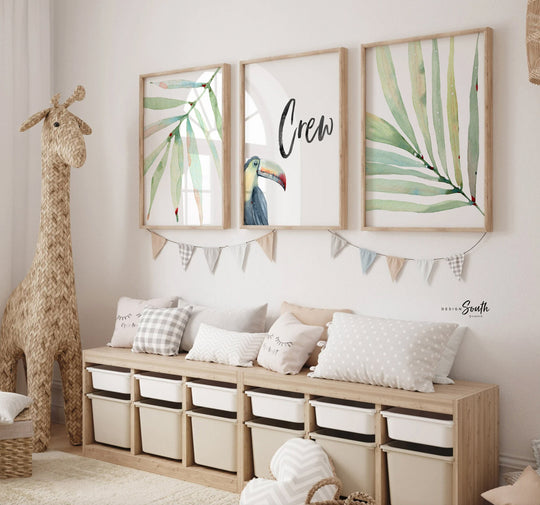 Boys name sign tropical toucan, boy tropical print set nursery, tropical baby boy shower gift, newborn above crib art idea palm custom name