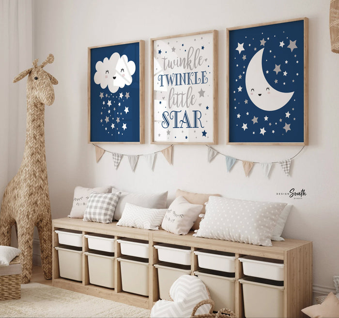 Moon stars nursery, celestial nursery boy, navy blue gray, moon stars & clouds, baby boy art, star moon baby decor, celestial art wall decor