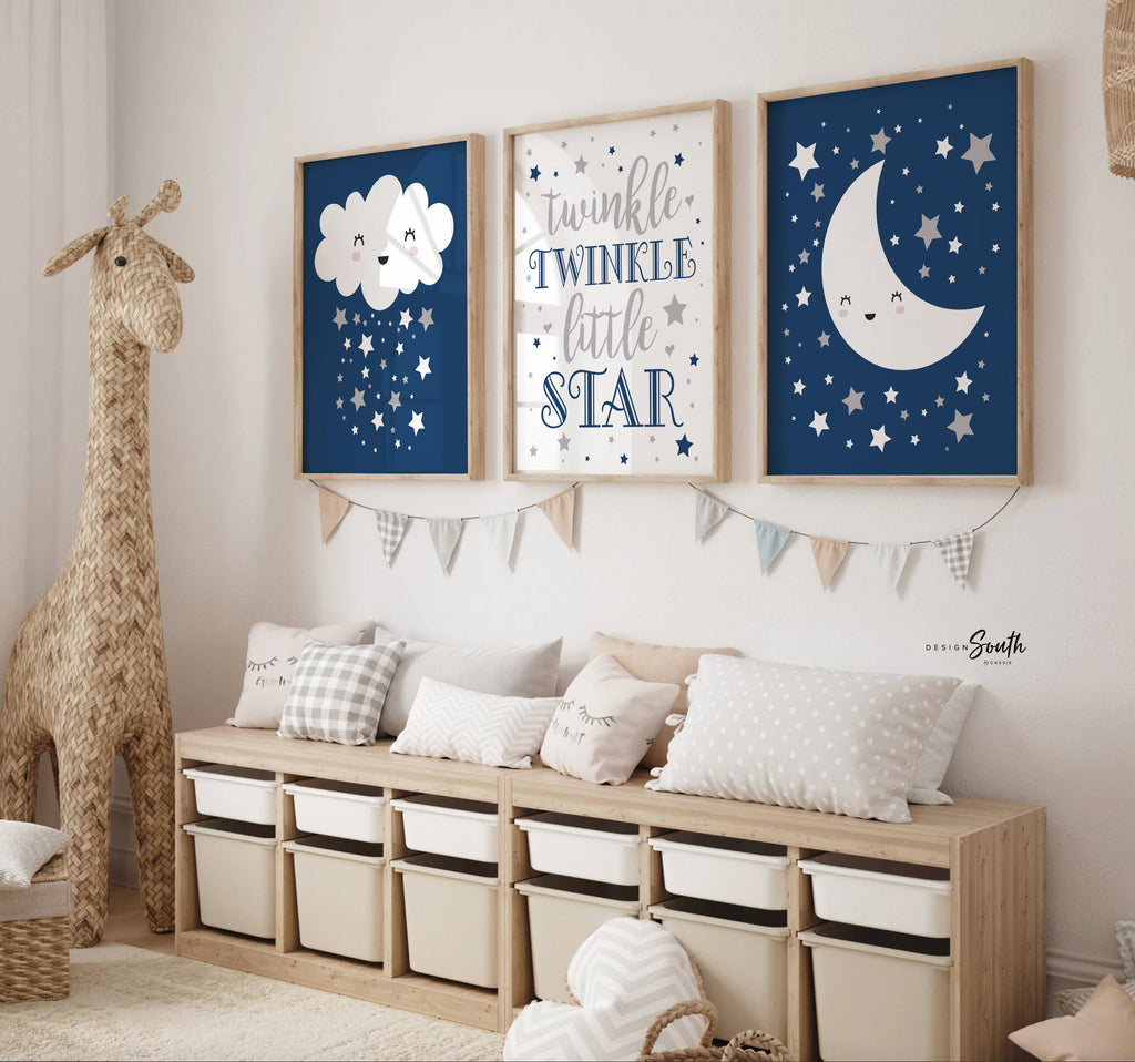 Moon stars nursery, celestial nursery boy, navy blue gray, moon stars & clouds, baby boy art, star moon baby decor, celestial art wall decor