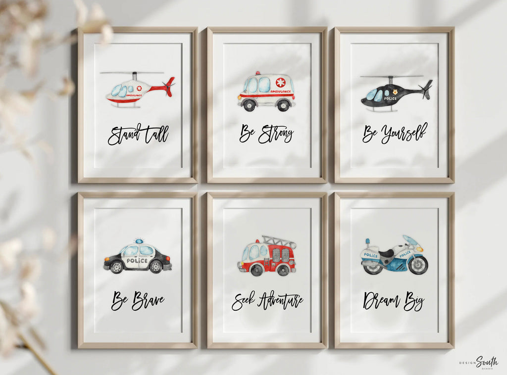Rescue vehicle wall art, emergency vehicles nursery art, toddler room decor, big boy bedroom, transportation nursery, vehicles wall art set