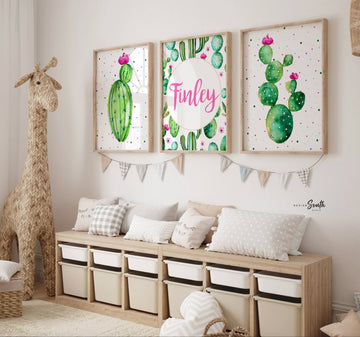 Cactus nursery, pink flower cactus, girl desert cactus blooms nursery art, cactus floral personalized, kids desert cactus wall art bedroom