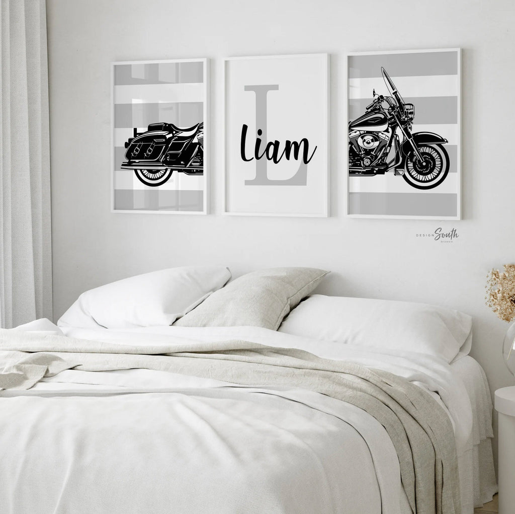 Harley davidson nursery theme gift, boys name motorcycle theme wall art, road king harley davidson, little boys room motorcycle decor custom