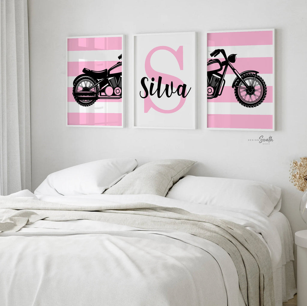 Girl pink motorcycle nursery, girl's pink harley motorcycle, girl pink black motorcycle themed art, pink motorcycle decor monogram name art