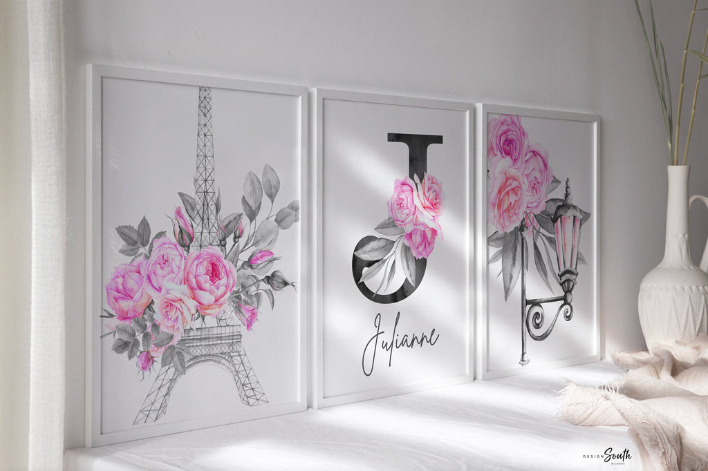 Pink paris themed girls room, hot pink eiffel tower parisian little girl decor, girl personalized name floral roses, elegant nursery decor