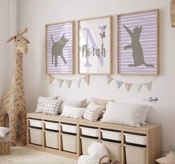 Kitten art print for nursery, little girl's room kitten decor accessories, lilac purple and gray, cat girl room, kitten posters personalized