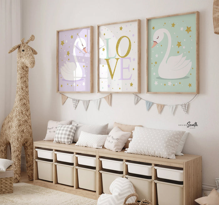 Lilac mint and gold, love nursery print, celestial theme glitter sparkle gold stars, swan baby room art prints, baby girl nursery wall decor