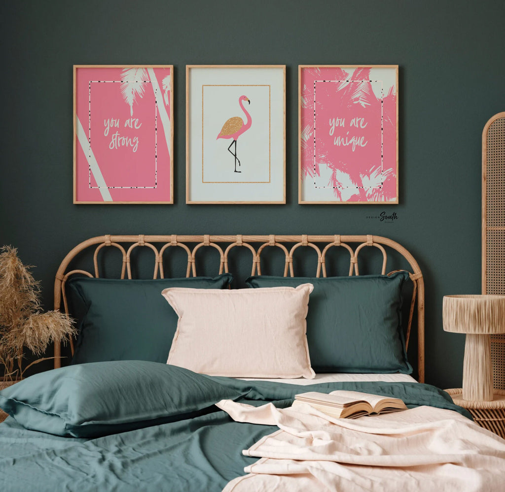 Pink aqua gold nursery, tropical girl bedroom playroom ideas, little girl room decor pink aqua gold, inspirational girl wall art gallery set