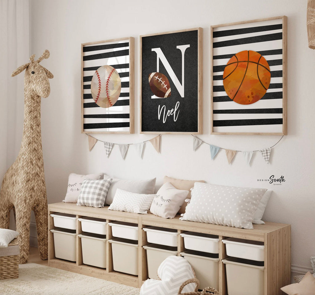 Boys sports room baseball football basketball, sports theme nursery decor, baby shower sports gift boy, personalized sports art, boy bedroom