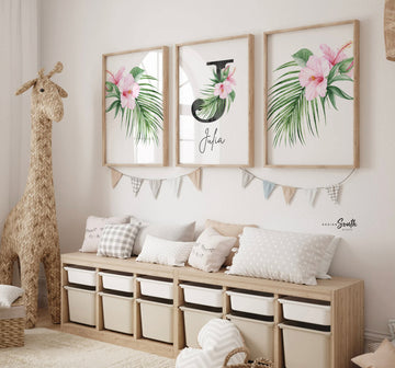Girl nursery decor, palm leaf tropical theme nursery art, jungle theme botanical baby girl wall, coastal nursery decor, pink tropical decor