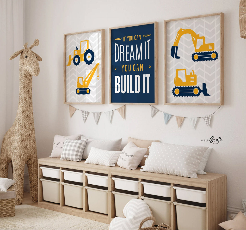 If you can dream it you can build it, construction boys room, kids construction art, little builder, boys bedroom construction theme decor