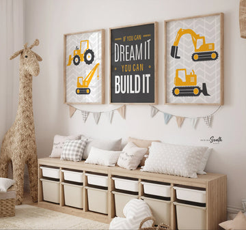 Yellow gray kids construction room, dream it build it, boys room, kids construction art, digger art, boys bedroom construction theme decor