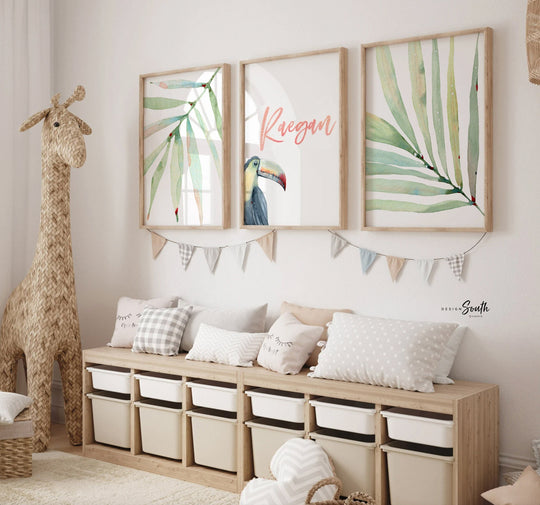 Toucan print art set, above crib tropical wall, tropical nursery decor, baby room decor, newborn nursery pink and green tropical themed art