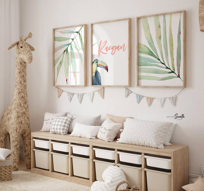 Toucan print art set, above crib tropical wall, tropical nursery decor, baby room decor, newborn nursery pink and green tropical themed art