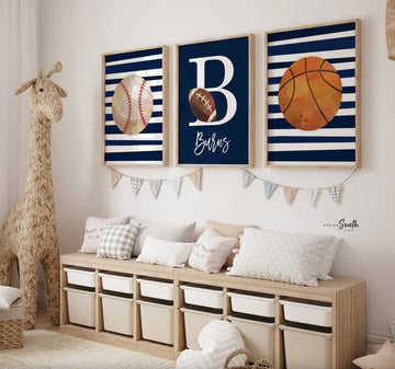 Sports birthday party gift, boys nursery decor, navy blue nursery wall art, boys monogram personalized sports print, big boy bedroom decor