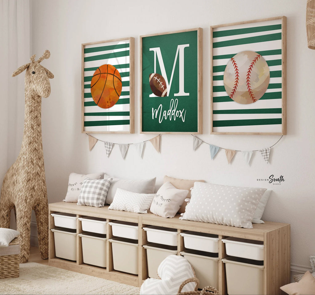 Sports nursery decor, sports art boys room, kids bedroom personalized sports prints, artwork above crib sports theme, sports boys monogram