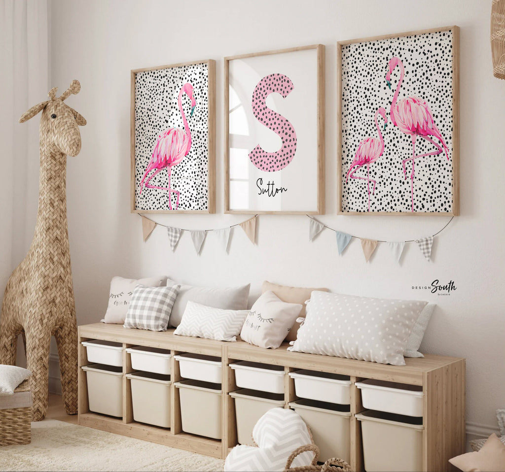 Pink and dalmatian speckle, flamingo nursery decor, girl nursery decor pink and dalmatian spotty, tropical nursery theme, girl tropical room