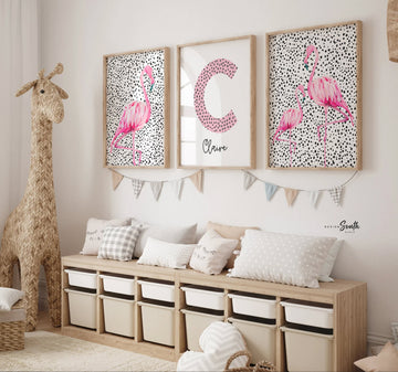Pink and dalmatian speckle, flamingo nursery decor, girl nursery decor pink and dalmatian spotty, tropical nursery theme, girl tropical room