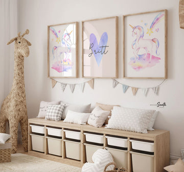 Unicorn nursery art, rainbow unicorn theme girl's room, unicorn wall art baby girl, personalized unicorn poster print set, baby unicorn gift