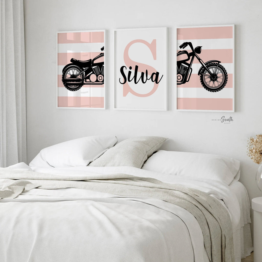 Girls motorcycle nursery or bedroom decor, girls pink harley motorcycle, girl motorcycle themed art, pink motorcycle decor monogram name art