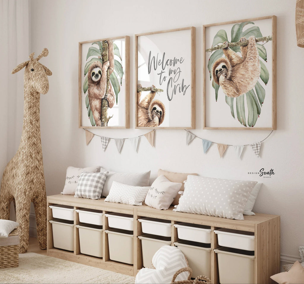 Sloth wall art set, sloth themed baby nursery, sloth nursery ideas, sloth tropical rainforest room decor, neutral sloth green gray newborn