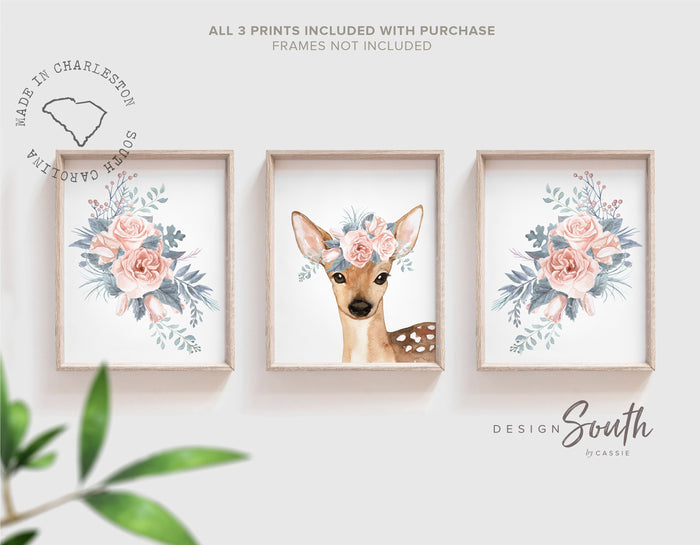Blush dusty blue fawn deer nursery for girl, fawn nursery art, nursery decor pink fawn, baby girl woodland, pink woodland nursery, baby deer
