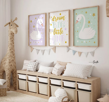 Lilac and mint, lavender and mint, girl swan nursery decor, purple swans, purple and gold nursery, purple gold mint, dream big, gold stars