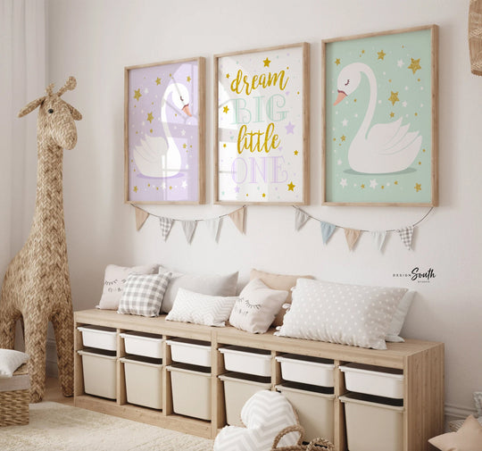 Lilac and mint, lavender and mint, girl swan nursery decor, purple swans, purple and gold nursery, purple gold mint, dream big, gold stars