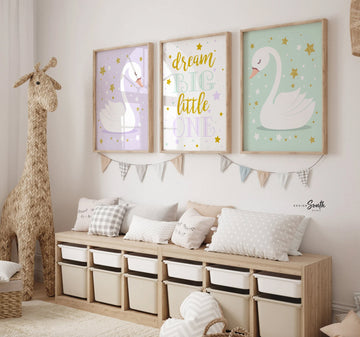 Lilac and mint, lavender and mint, girl swan nursery decor, purple swans, purple and gold nursery, purple gold mint, dream big, gold stars