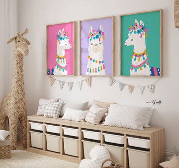 Pink purple turquoise nursery, girl playroom art, colorful llama wall art for girl, nursery bedroom pink purple teal baby room wall decor