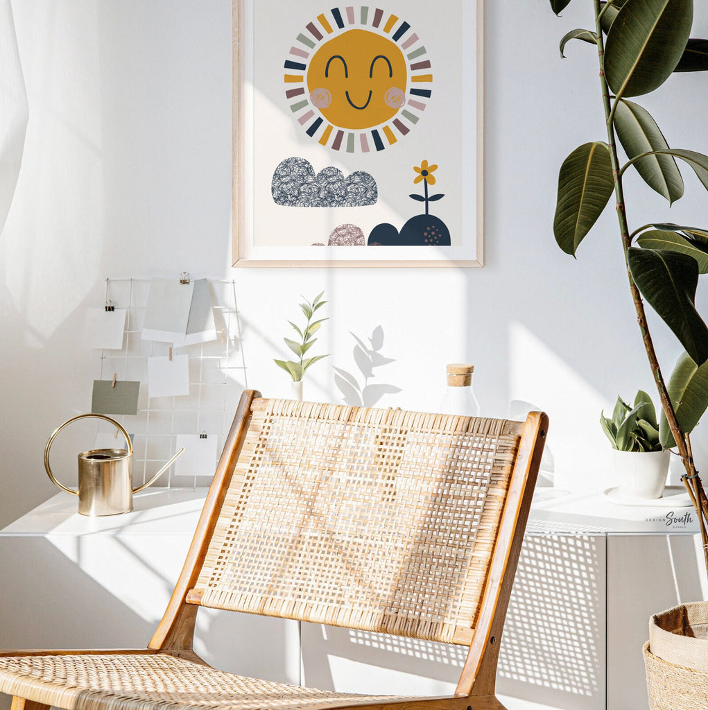 Sunshine nursery wall art, hello sunshine sun rays clouds rainbow neutral colors, gender neutral baby room wall art, unisex themes room idea